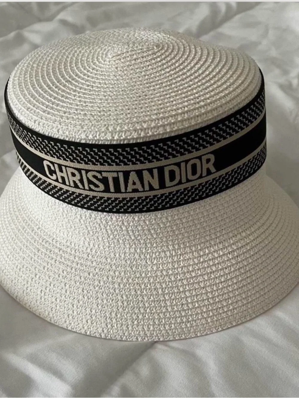 Women's White Straw Bucket Hat with Black Accent Band